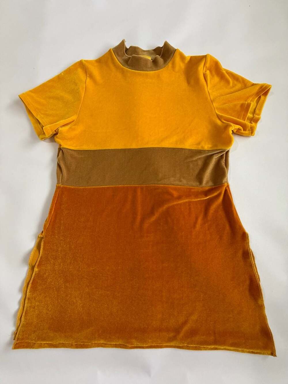 Womens Colorblock T-Shirt Dress Yellow Brown Orange Velvet Mock NeckShort Sleeve